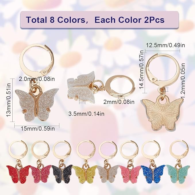 SUNNYCLUE 1 Box 16Pcs 8 Colors Knitting Crochet Markers Knitting Markers Charms Spring Butterfly Crochet Leverback Charms for Weaving Sewing Needleworks Women Adults DIY Supplies