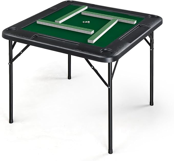 PEXMOR 35" Foldable Mahjong Table, 4 Player Card Game Table w/Cup Holders & Chip Grooves, Portable Folding Poker Domino Board Game Table for Blackjack, Texas Hold'em, Jigsaw Puzzles Game