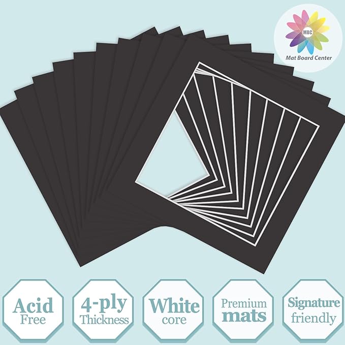 MBC Mat Board Center, 10 Pack 10x10 for 8x8 Black Picture Mats Frame Mattes, Bevel Cut, Acid Free, 4-ply Thickness