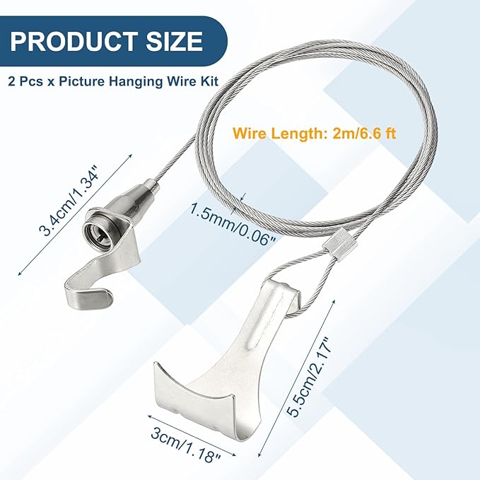 uxcell 2Pcs Picture Hanging Wire Kit, 2 m x 1.5 mm Heavy Duty Picture Hangers Adjustable Wire Rope with S-Hooks and Loop, Load 35kg/77.1 lbs for Hanging Mirrors Light Lamp Artwork