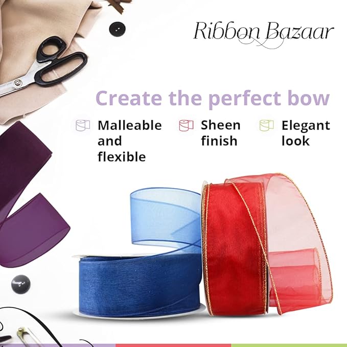 Ribbon Bazaar Sheer Organza Wired Ribbon - 100% Polyester Wire Edged Ribbon for Floral Decor, Table Arrangements, Apparel Embellishment & More - 1-1/2" Navy 25yd