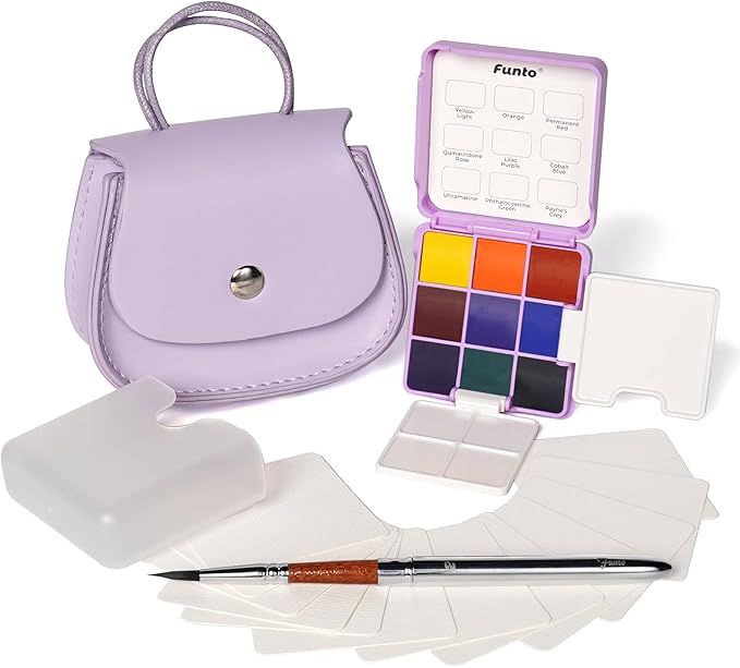 Funto Pocket Watercolor Set, Travel Color Kit, with 9 Colors, Leather Bag, Paint Water Cup, Foldable Palettes, and Mini Watercolor Papers, Set for Art