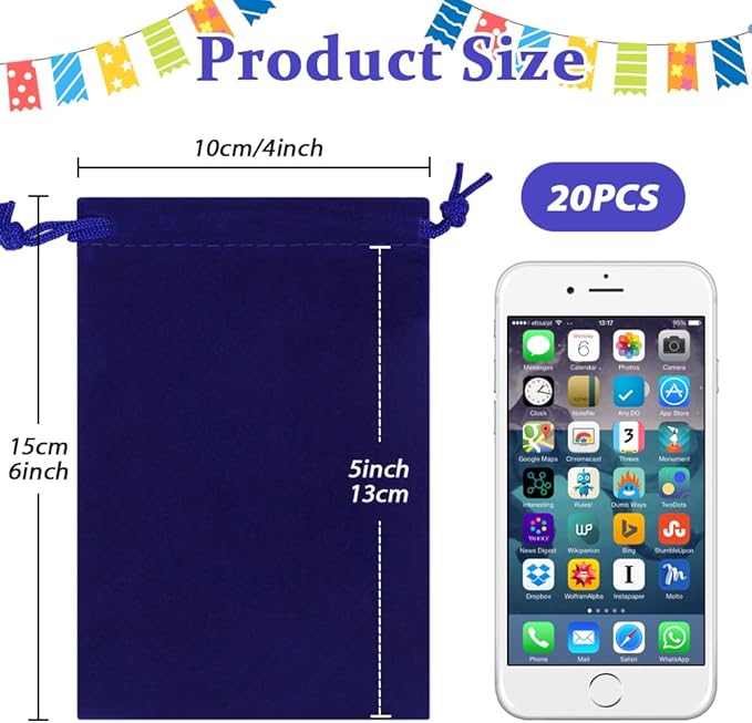 Shintop 20pcs Velvet Gift Bags, 4x6inch Blue Jewelry Bags Drawstring Coin Pouches for Dice Custom Packaging