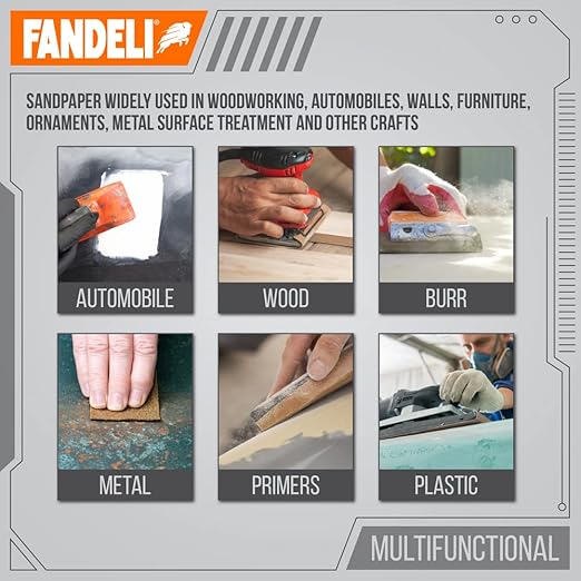 Fandeli | Multi-Purpose Sandpaper | 220 Grit | 50 Sheets of 9'' x 11'' | Ideal for Metal and Wood Sandpaper | Wall Sandpaper | Hand Sanding | Orbital Sanders.
