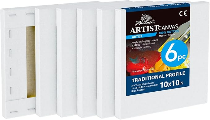 PHOENIX 10x10 Inch 6 Pack Artist Canvas - Square Stretched Canvases for Painting - 3/4 Inch Profile, 100% Cotton 11 Oz. Gesso Primed White Blank Professional Canvas Oil & Acrylic Paints