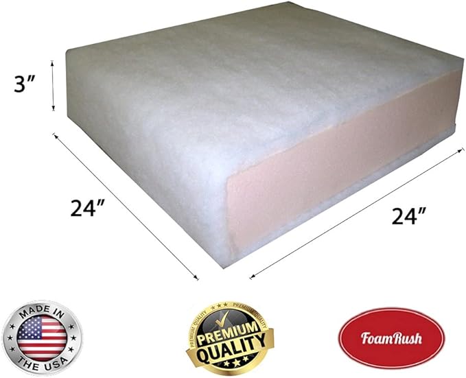 FoamRush 3" x 24" x 24" Seat Cushion Foam with Batting/Dacron (Cushion Seat Replacement) Made in USA