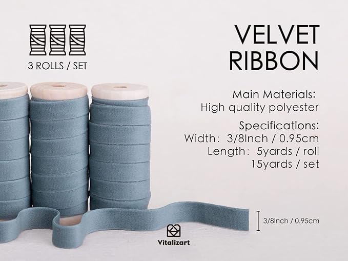 Vitalizart Dusty Blue Velvet Ribbon Set 3/8" x 15 Yd Wooden Spool Fabric Trim 3 Rolls * 5 Yd for Christmas Wreath Decoration Handmade Craft Ornaments Gift Wrapping & Bow Making