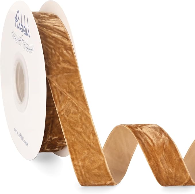 Ribbli Khaki Velvet Ribbon 1 Inches Luxury Crinkled Brown Christmas Ribbon for Gift Wrapping Crafts Home Decor-Continuous 10 Yard