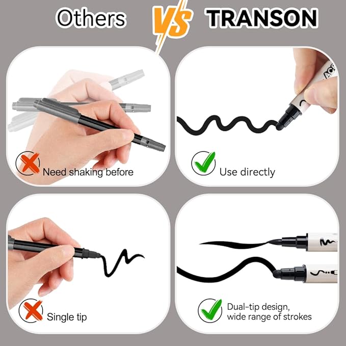 TRANSON 6 Black and 2 White Paint Markers Bold and Brush Dual-tip Acrylic Paint Marker for Rock Glass Canvas Wood Leather Ceramic DIY Painting