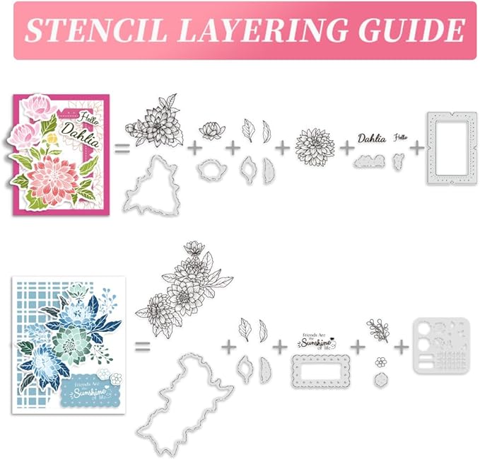 ORIGACH Realistic Dahlia Layering Stencils Set for Card Making, Dahlia Silicone Stamps and Die Sets and Flower Stencil Template for Scrapbooking DIY Crafting