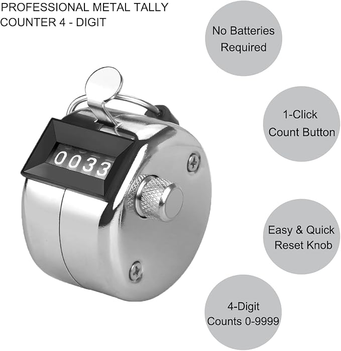 Metal Tally Counter Clicker Counter Handheld Pitch Counter, Manual Mechanical 4-Digit Number Click Counter, One Hand Counter Clicker Digital Counting for Coaching Knitting People Lap Fishing Golf&Row
