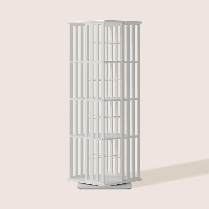 XIMN 360° Rotating Bamboo CD/DVD Shelf - 6-Tier Space-Saving Media Storage Cabinet for Movies, Organizer with Super Compact Design (White, 4 Tier)