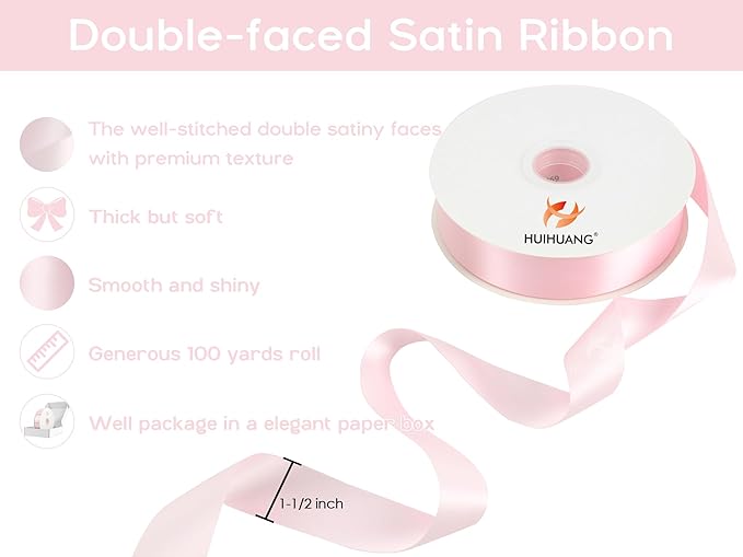 HUIHUANG Pink Satin Ribbon 1-1/2 inch x 100 Yards Light Pink Double-Faced Satin Ribbon for Flower Bouquet, Gift Wrapping, Eternal Roses, DIY Crafts, Bridal Shower Wedding Decor