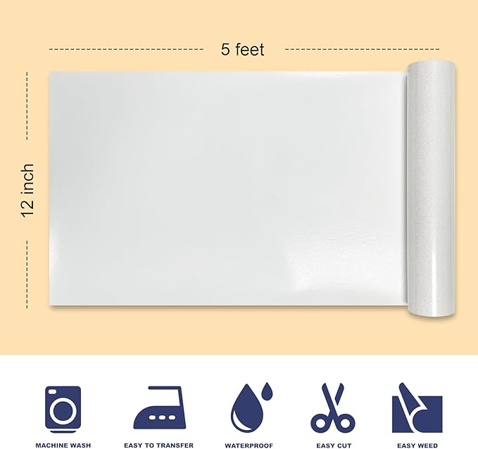 White Glitter HTV Heat Transfer Vinyl, 12" x 5ft lron on Vinyl, for T-Shirt Ironing, Vinyl HTV Easy to Cut and Weed, The Best Choice for DIY Creativity. (White, 12" x5ft)