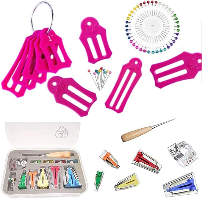 HONEYSEW Single Double Fold Bias Tape Maker Tool Kit Set Fabric Jelly Roll Sasher Tool Set Tools Folding Fabric and Biasing Strips 15sizes