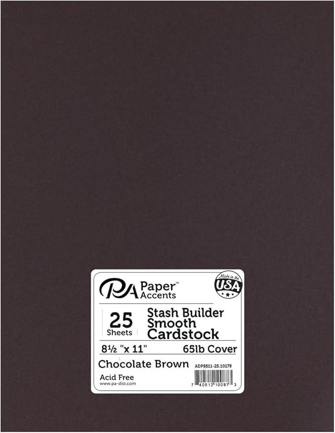 PA Paper Accents Stash Builder Cardstock 8.5" x 11" Chocolate Brown, 65lb colored cardstock paper for card making, scrapbooking, printing, quilling and crafts, 25 piece pack