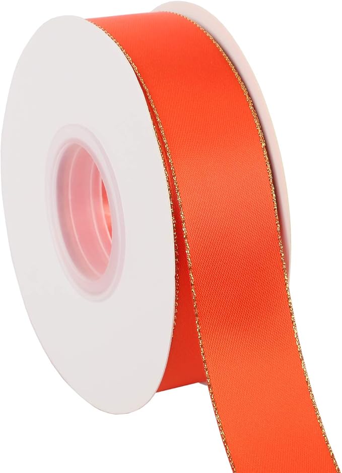 ITIsparkle 1" Inch Double Faced Satin Ribbon 25 Yards with Gold Edges, 1" X 25Yd - Autumn Orange