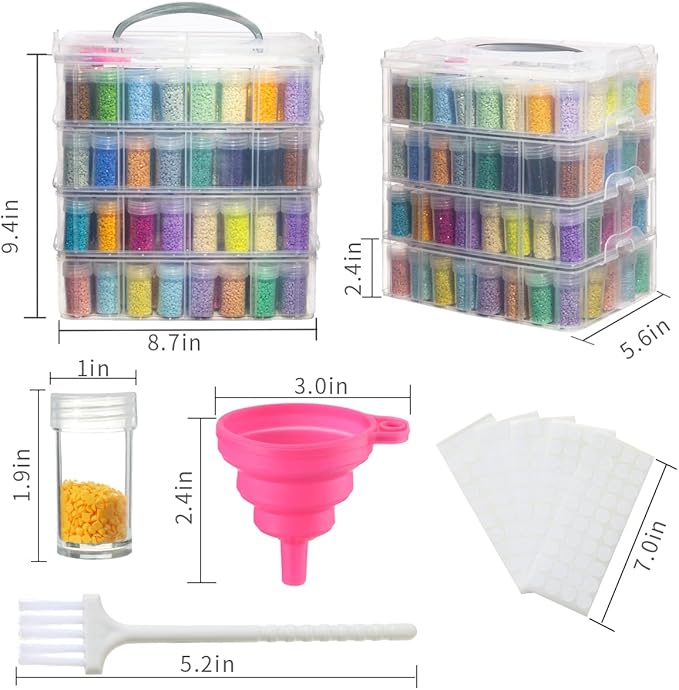 Douorgan 4-Tier Diamond Painting Storage Containers Portable Bead Organizer and Storage Box Stackable Arts & Crafts Organizers for Nail Charms Seed, 176 Round, Funnel, Stickers