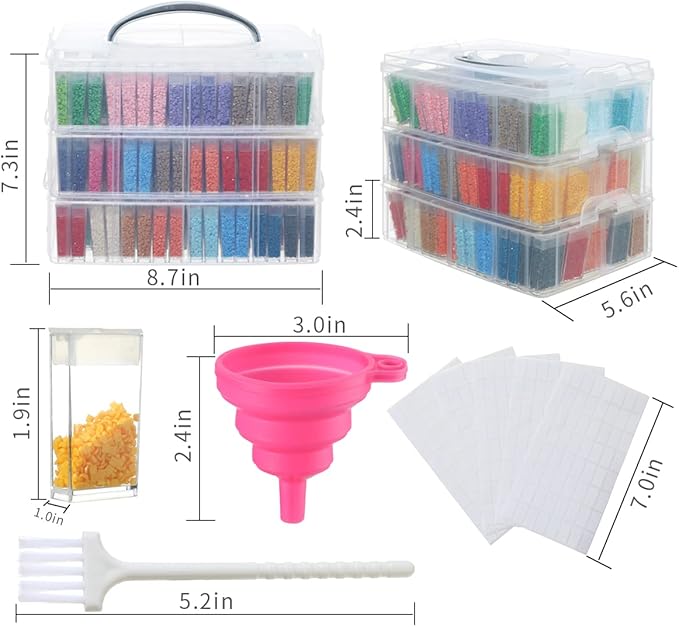 Douorgan 3-Tier Diamond Painting Storage Containers Portable Bead Organizer and Storage Box Stackable Arts & Crafts Organizers for Nail Charms Seed, 240 Rectangular, Funnel, Stickers