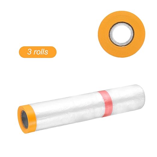 HARFINGTON 3 Rolls Pre-Taped Masking Film 78.7" x32.8ft Double Adhesive Tape and Drape Painters Plastic Drop Cloth Film with Tape Plastic Sheeting for Automotive Painting Covering