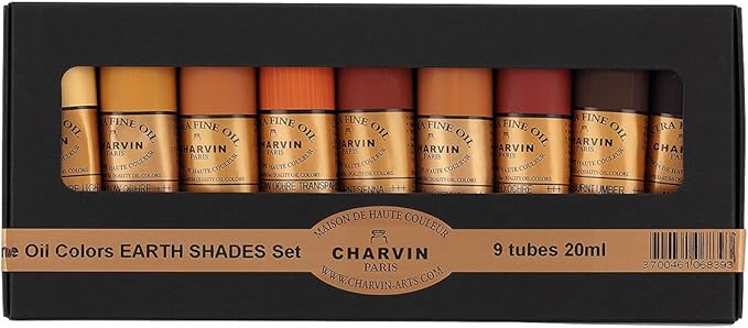 Charvin Extra Fine Professional Artist Oil Paint Set of 9 Earth Tones - 20ml - Triple-Milled for Smoothness, Rich Texture, Poppy Oil-Based, Light-Fast, Handmade Oil Color Paints for Professionals