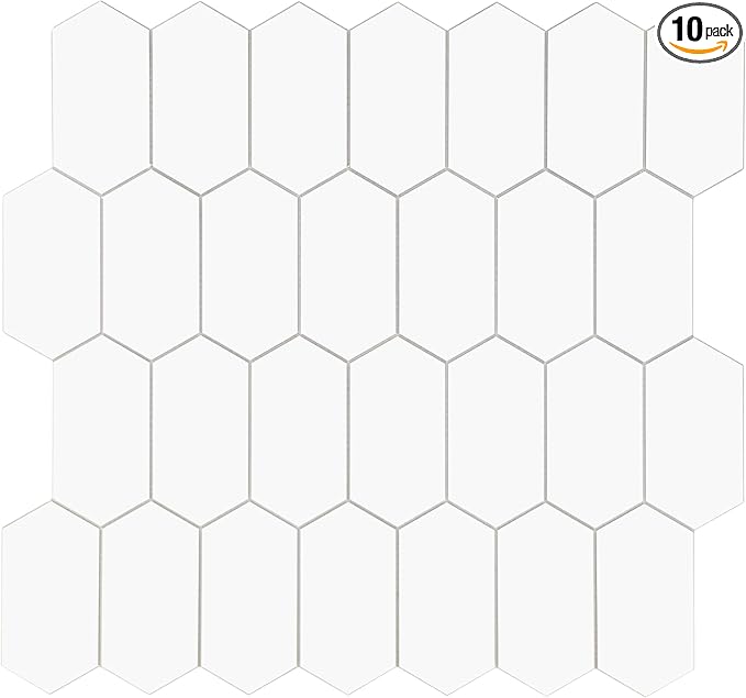 The Tiles Plaza 10-Sheet Peel and Stick Backsplash, White Long Hexagon Self Adhesive Wall Tile, Stone Composite Stick On Decorative Mosaic Tile for Kitchen Bathroom Fireplace