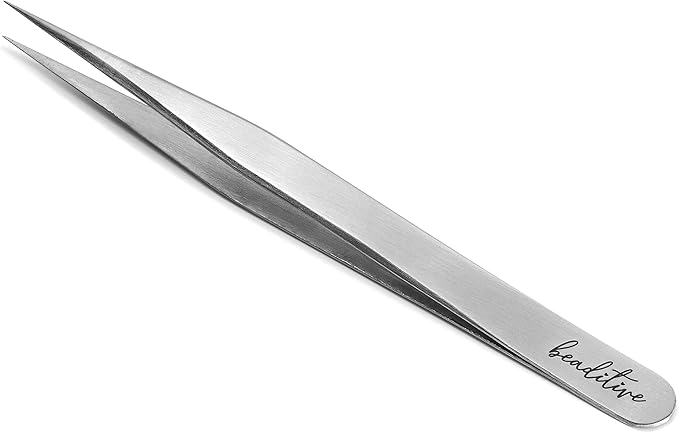 Beaditive High Precision Tweezers 3 Pack - 4.7" Craft Tweezers for Sewing, Beading & DIY Crafts - Non-Serrated Jewelry Tweezer Set with Fine Point Tips - Stainless Steel Needle Nose Hobby Tweezers