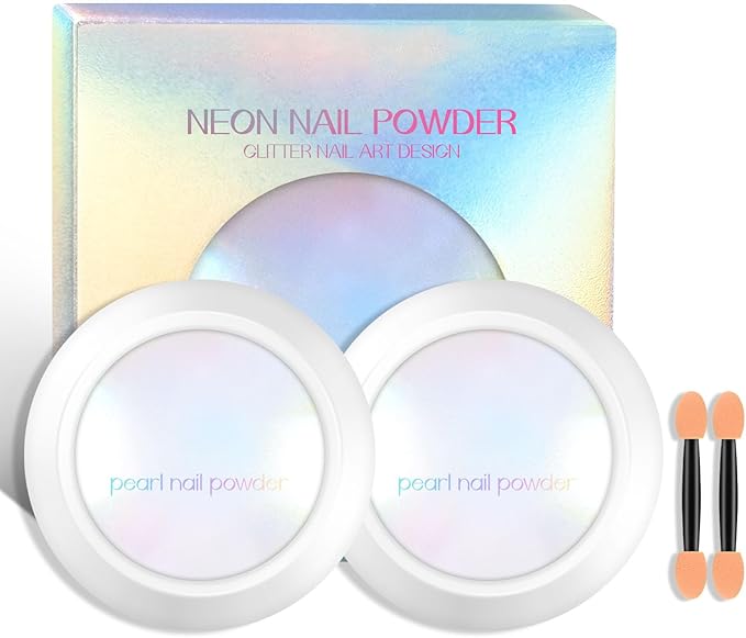 Ownest 2 Pcs Neon Chrome Nail Powder, Unicorn Chrome Nails Glitter Pigment, Aurora Iridescent Powder Pigment for Nails, Opal Pearl Mica Powders, Chameleon Pearl Manicure Pigment