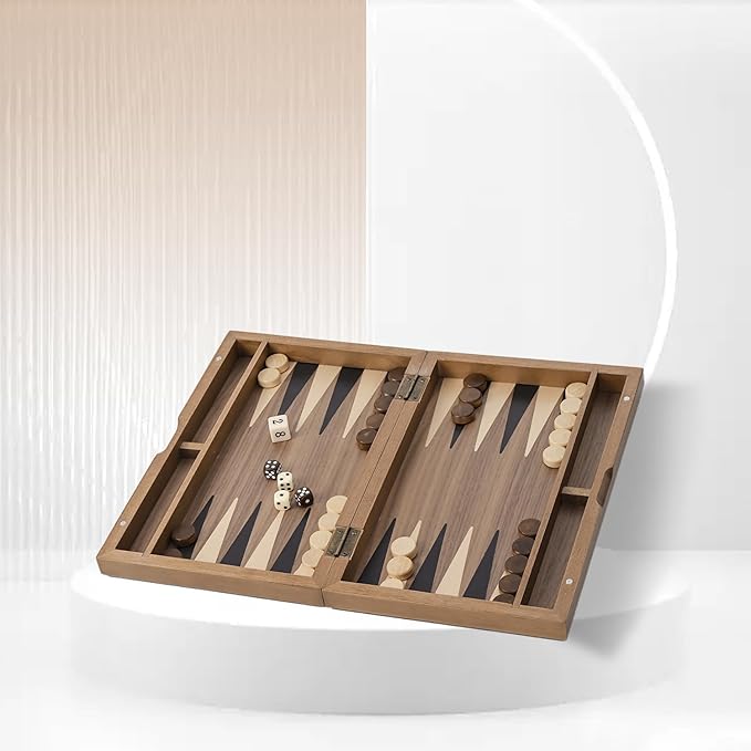 GSE Games & Sports Expert Premium Magnetic Wooden Folding Inlay Backgammon Board Game Set, Portable Travel Board Game (Double Stripe- 11 Inches)