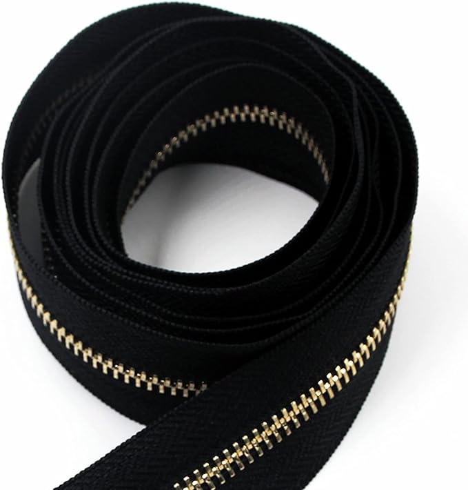 Leekayer #5 Metal Zippers Roll Bulk 2 Yards Black Zipper by The Yards with 10 pcs Sliders Light Gold Teeth Zipper for Sewing Bag Craft Backpack, Wallets, Purses Handmade