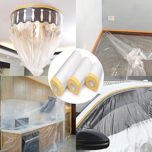 Pre-Taped Masking Film-70inx65ft Tape and Drape Painters Plastic Rolls, Plastic Painting Film for Automotive Painting Covering,Protective Drop Film for Furniture, Car, Floor (4rolls, 70in×65ft)