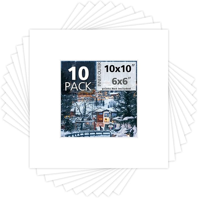 Mat Board Center, Pack of 10, 10x10 for 6x6 White Photo Picture Mats - Acid Free, 4-ply Thickness, White Core - for Pictures, Photos, Framing