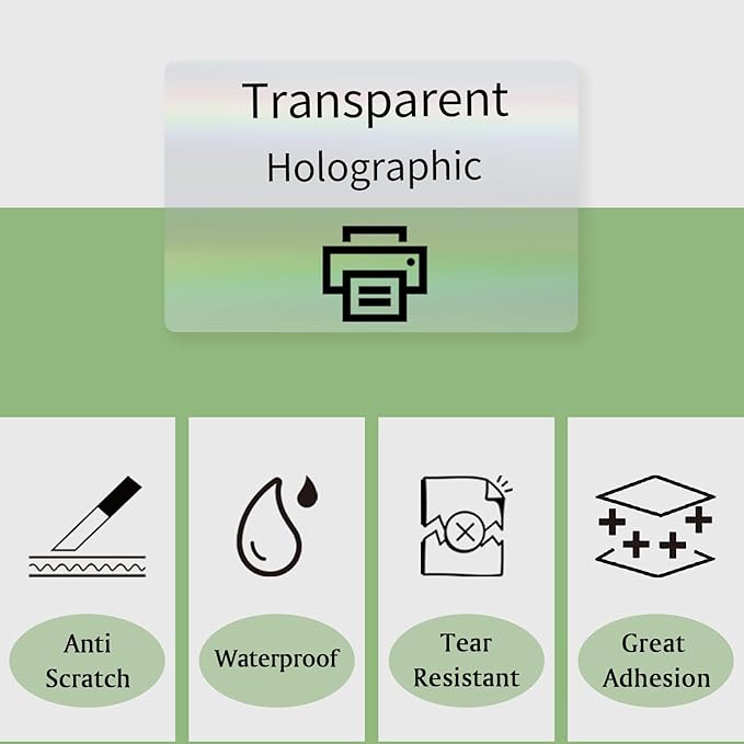 3x2 Inch Transparent Holographic Thermal Labels Stickers, Clear Self-Adhesive Direct Thermal Labels, Perforation Line Design& Waterproof- 200 Sheets