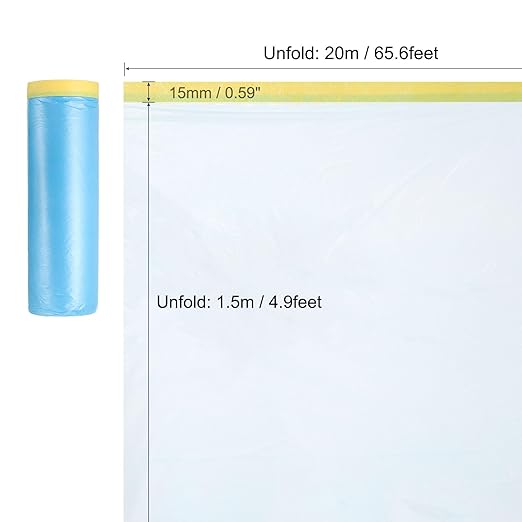 uxcell Pre-Taped Masking Film, 4.9ft x 66ft High-Tack Painters Tape Plastic Drop Cloth with High-Tack Painters Tape for Painting Protection Blue Film 4Pcs