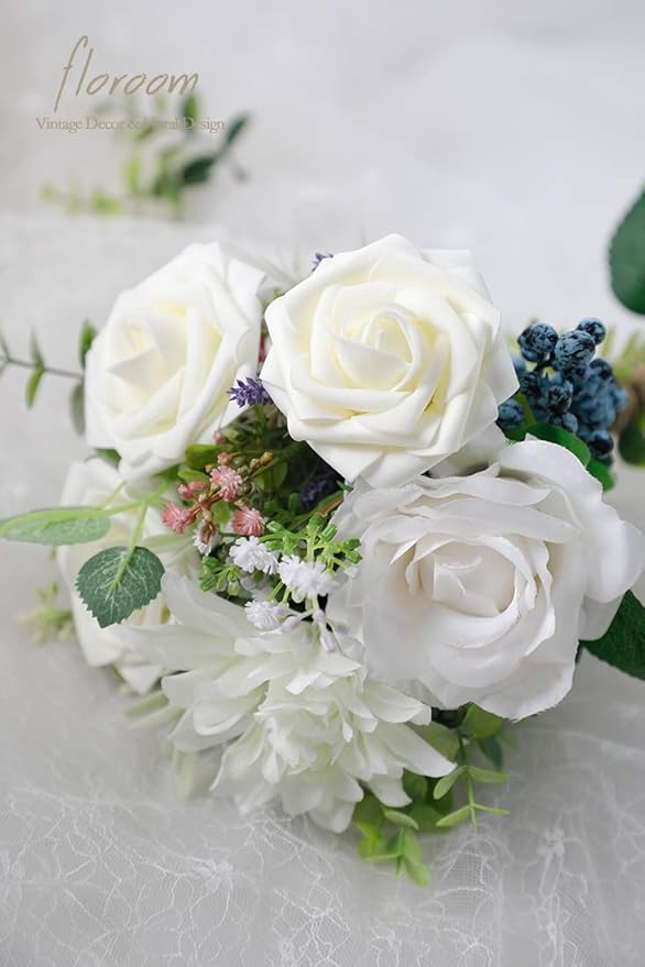 Floroom Artificial Flowers 50pcs Real Looking Ivory Foam Fake Roses with Stems for DIY Wedding Bouquets White Baby Shower Centerpieces Floral Arrangements Party Tables Home Decorations