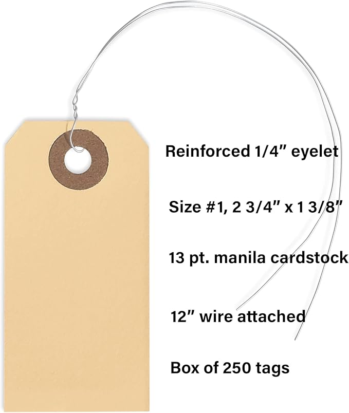 Shipping Tags with Wire Ties #1-2 3/4” x 1 3/8” - 250 Blank Manilla Tags with Wire Attached and Reinforced Hole, Wire Labels Write On
