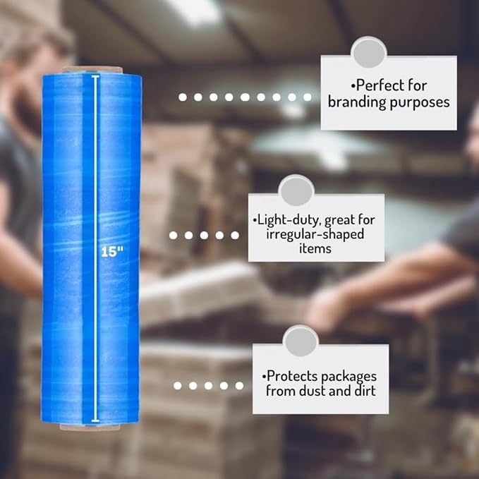 PSBM Blue Stretch Wrap, 15 Inch x 1476 Feet, 144 Pack, Tinted Pre-Stretched Shrink Wrap Film for Moving, Packaging, Pallet Wrapping