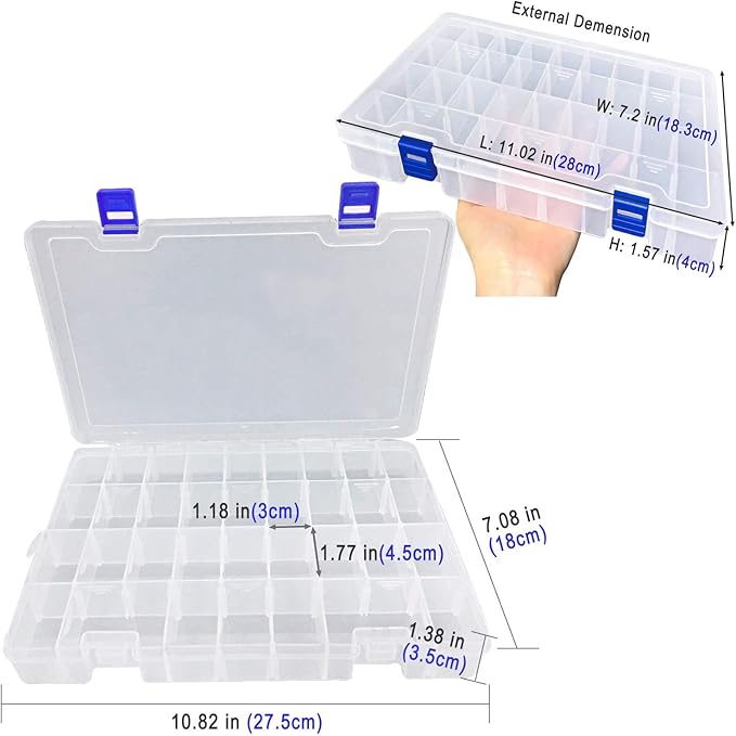 Qualsen Plastic Organizer Storage Box with Adjustable Dividers, Fishing Tackle Box and Bead Organizer Box for Jewelry, Beads, Earrings, Tools, Fishing Hooks, and Small Accessories（34 Grid）