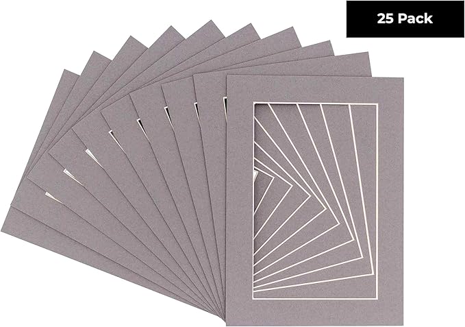 6x8 Mat for 8x10 Frame - Precut Mat Board Acid-Free Show Kit with Backing Board, and Clear Bags Charcoal 6x8 Photo Matte Made to Fit a 8x10 Picture Frame Matboard for Framing, Pack of 25 Mats