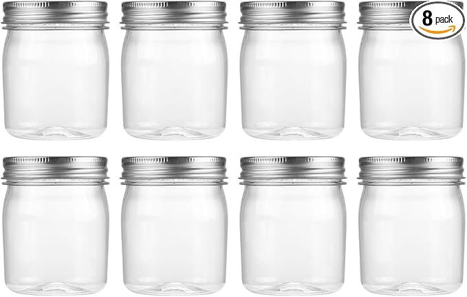 novelinks 8 oz Clear Plastic Jars with Screw-On Lids - BPA-Free Refillable Storage Containers for Slime, Spices, Crafts, Kitchen & Home Organization (8 Pack,Silver)