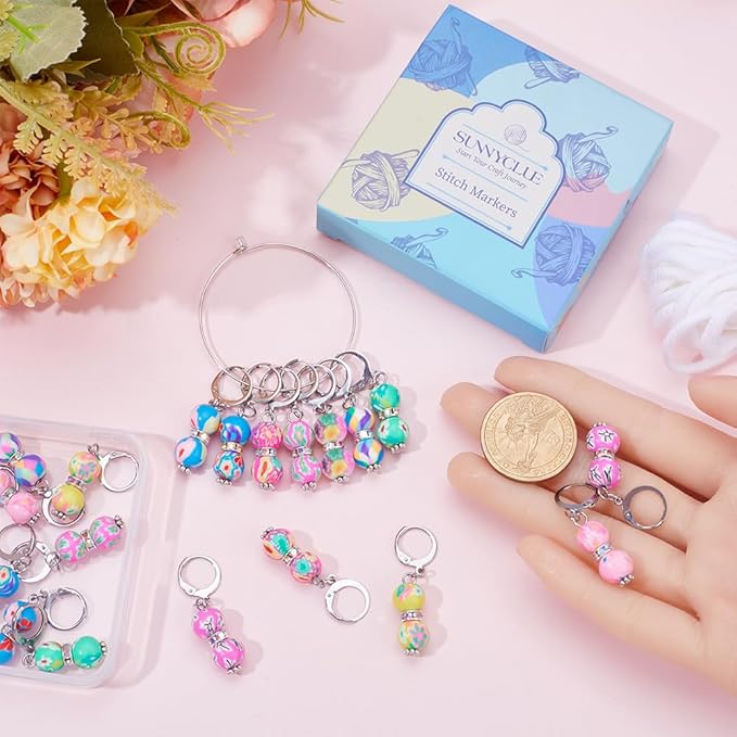 SUNNYCLUE 1 Box 20Pcs Stitch Markers Crochet Stitch Marker Cute Round Polymer Clay Beads Charms Clip On Removable Leverbacks Zipper Pull Charm Locking Knitting Markers for Yarns DIY Sewing Quilting