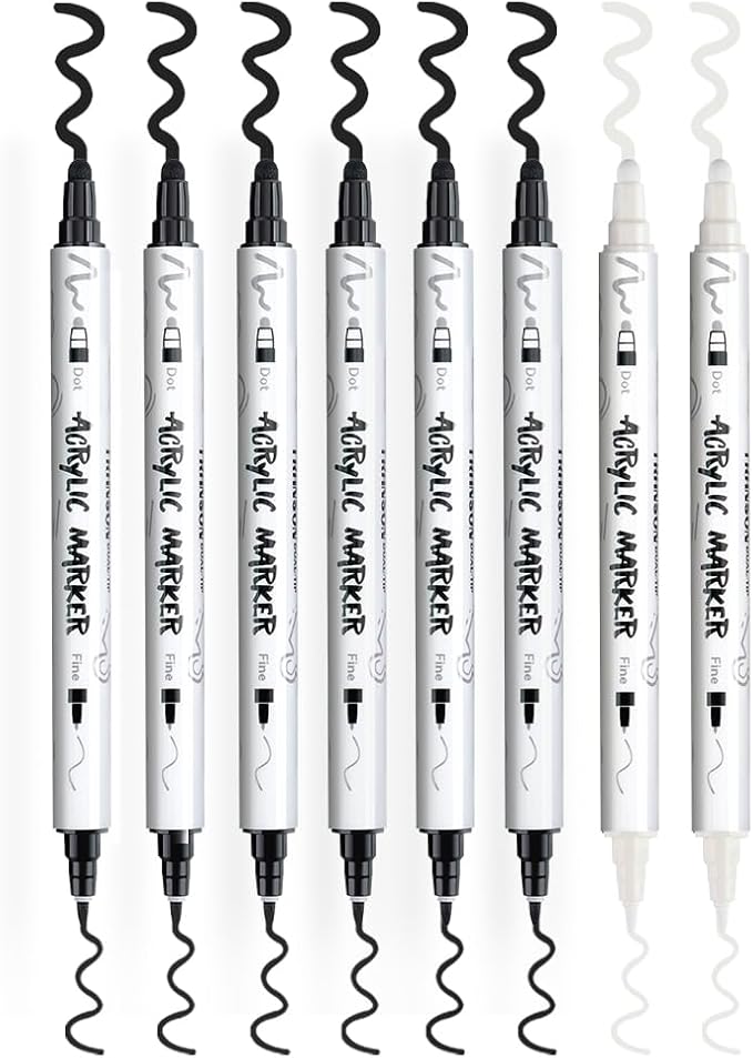 TRANSON 6 Black and 2 White Paint Markers Bold and Fine Dual-tip Acrylic Paint Marker for Rock Glass Canvas Wood Leather Ceramic DIY Painting
