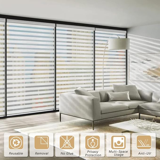 Qualsen Privacy Window Film, Frosted Windows Privacy Film, Frosting Cling for Glass, Anti-UV Reeded Blinds Sticker for Home Office Meeting Room, Stripe Patterns, 23.6x118inch
