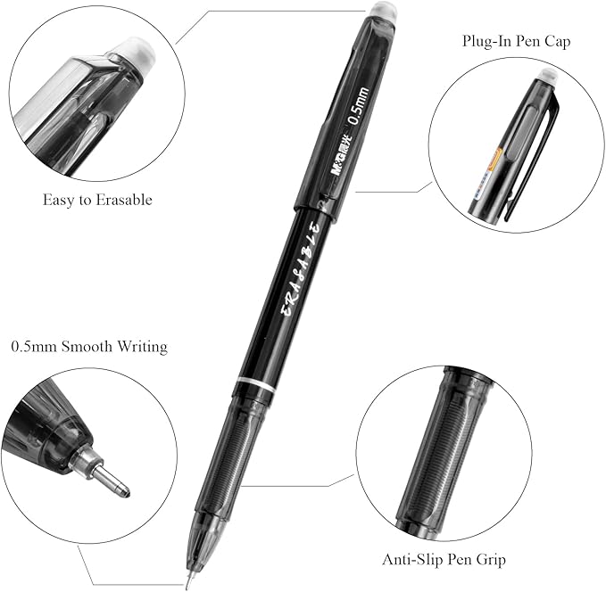 M&G Erasable Gel Pens, 12 Pcs Erasable Pen Fine Point 0.5mm, Black Erasable Gel Ink Pen with Comfort Grip and Cap, Make Mistakes Disappear for Drawing Writing Planner and Crossword Puzzles