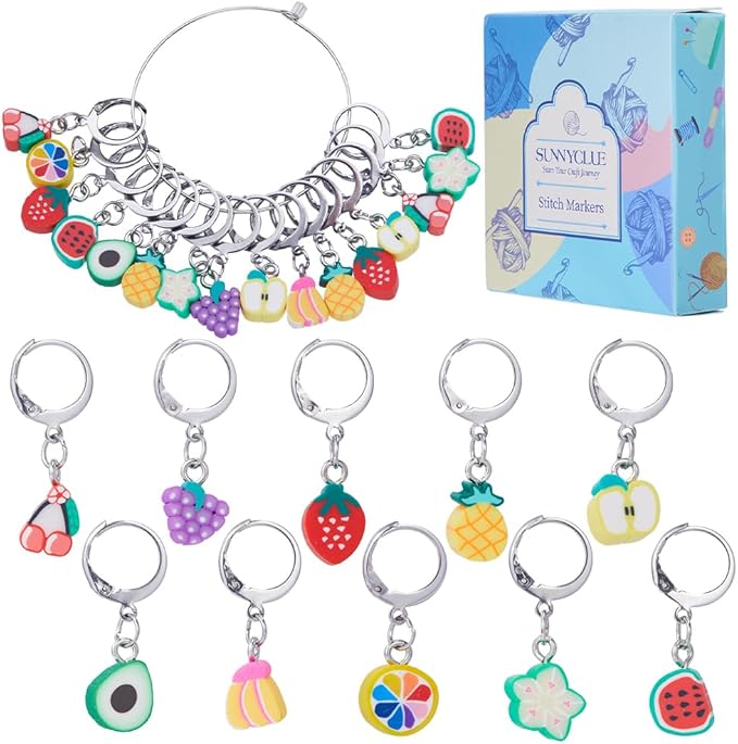SUNNYCLUE 1 Box 40Pcs Stitch Markers Locking Crocheting Markers Knitting Fruit Polymer Clay Beads Cute Removable Clip on Charm Leverback Clasps Crochet Stitch Markers for Yarns Knit Crocheting Sewing