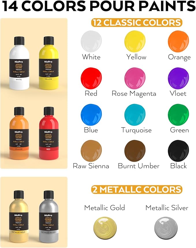 Nicpro 14 Colors 8.45oz Acrylic Pour Paint Supplies Kit, Large Volume Premixed High Flow Painting Bulk Set with Canvas, Wood Natural Slices, Pouring Oil, Tools Gloves, Strainer, Cups for Beginner DIY
