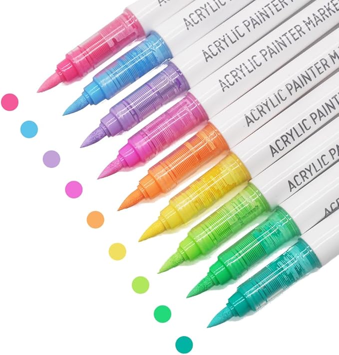 Water Based Acrylic Paint Markers, 9 Colors Acrylic Paint Pens Set with Soft Brush Tip, Marker Pen for Rock Painting, Egg, Wood, Glass, Paper, Acrylic Painter Ink (Dopamine Series-2)