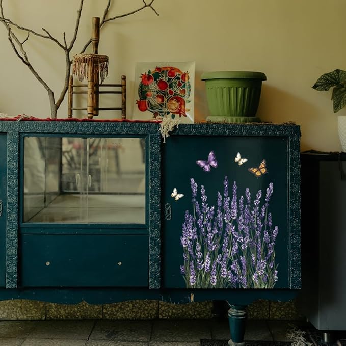 GLOBLELAND 4 Sheets Lavender Furniture Transfer 6x12inch Butterfly and Bee Rub on Transfer Sticker UV Self-Adhesive Wall Art Craft for Bedroom Living Room Desk Table Decoration