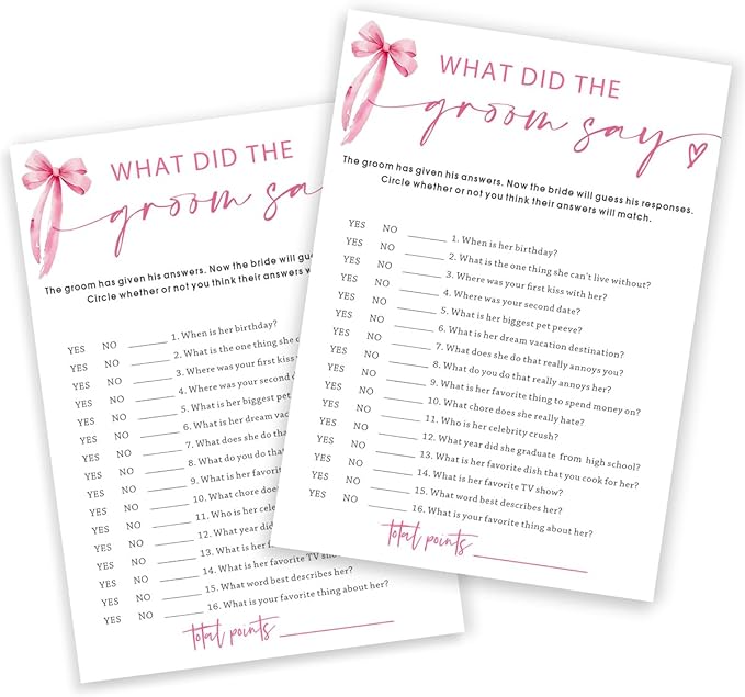 Wedding Shower Games Cards, What Did The Groom Say, Bridal Shower Games 25 Guests, Engagement Party Wedding Games for Guests, Pink Ribbon Bow Wedding Party Supplies - E12