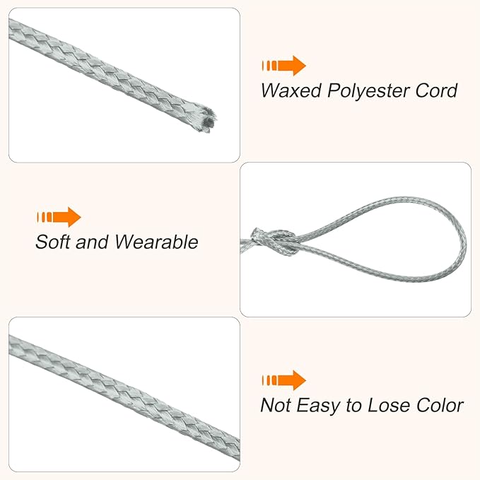 MECCANIXITY Waxed Cord 1.5mm Waxed Polyester Cord 175 Yard Wax String for Bracelet Making,Necklaces, Beading,Jewelry Making and DIY Crafts(Light Grey)